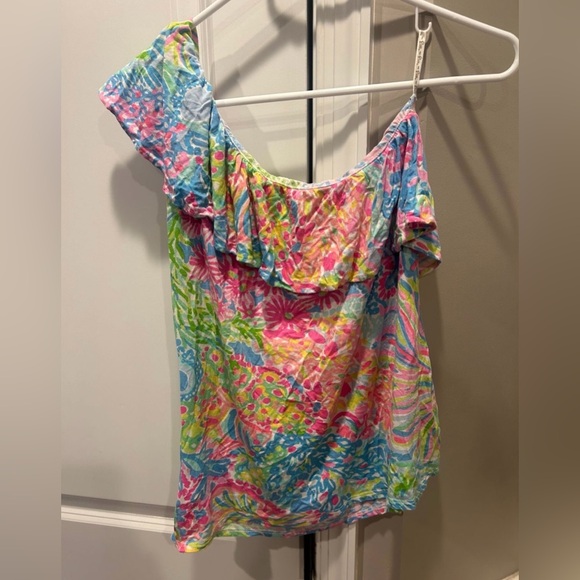 Lilly Pulitzer Women’s One Shoulder Ruffle Top Short Sleeve Multicolor Medium - Picture 2 of 10